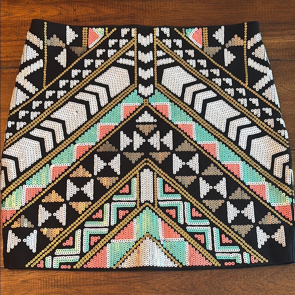 Express Geometric Patterned Skirt - Black, Gold, White, Green